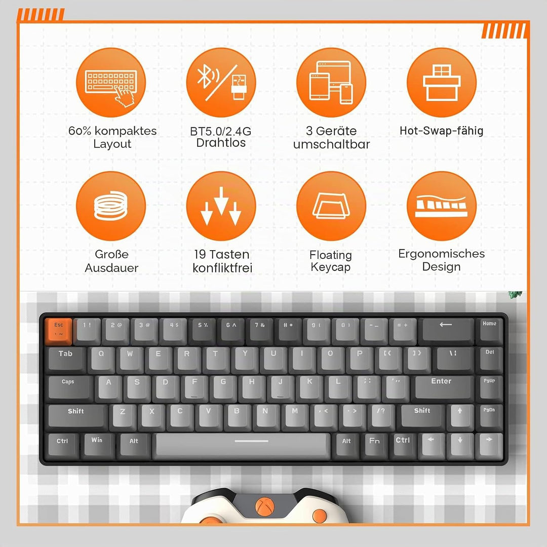 YINDIAO K68 60% Kabellose Mechanische Gaming Tastatur,Bluetooth 5.0/2,4 GHz,Kompakte 68 Tasten Mini