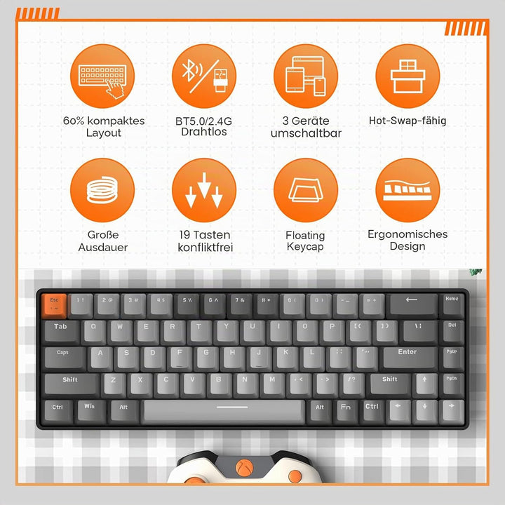 YINDIAO K68 60% Kabellose Mechanische Gaming Tastatur,Bluetooth 5.0/2,4 GHz,Kompakte 68 Tasten Mini