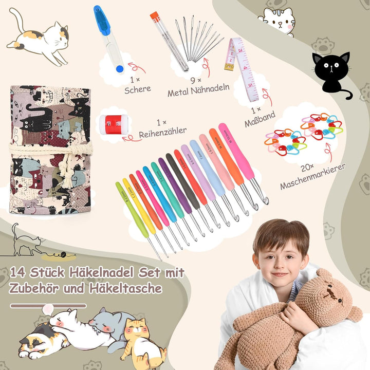 Coopay Häkelnadel Set mit Rolle Tasche, 14 Stück Häkelnadeln für Arthritische Hände, 2,0-10 mm Länge