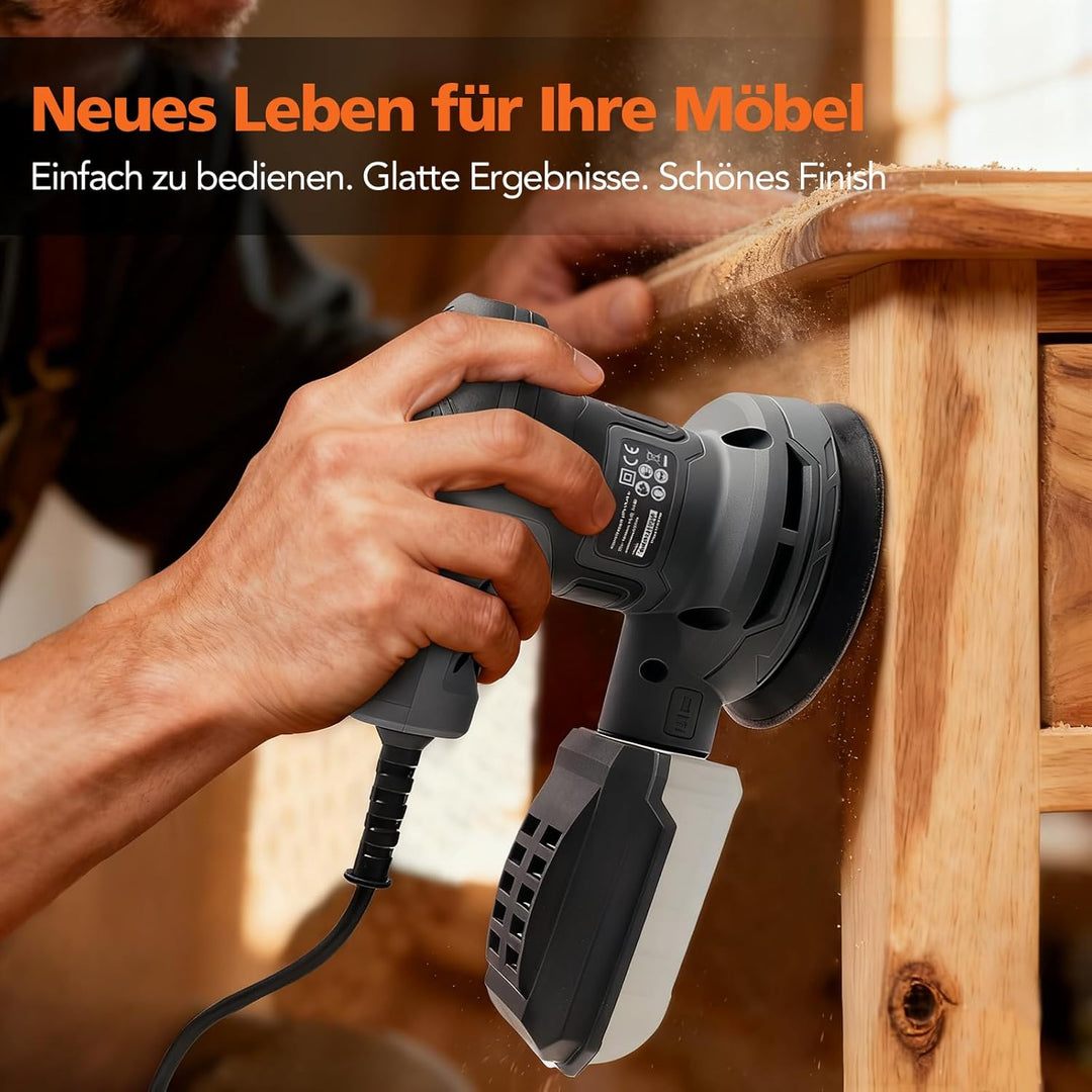 320W Exzenterschleifer, 6-stufige Drehzahlregelung (8000–13000 U/min), 16 Schleifpapiere, 125mm Schl