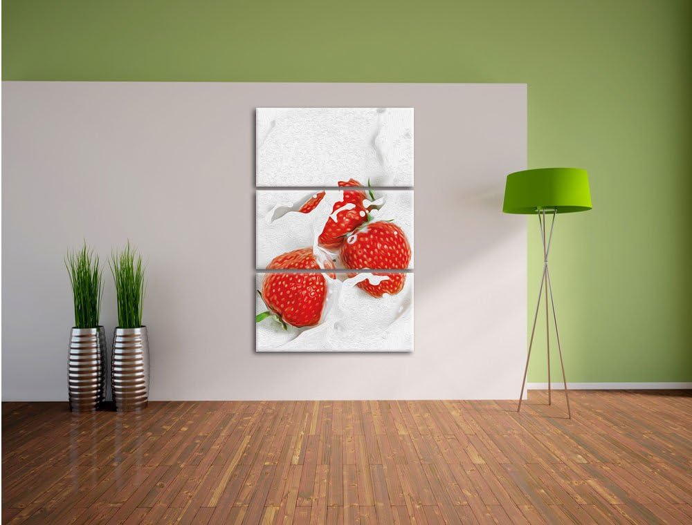 Pixxprint leckere Erdbeeren Schwimmen in Milch als Leinwandbild/Grösse: 3 Teilig (120x80) cm/Wandbil