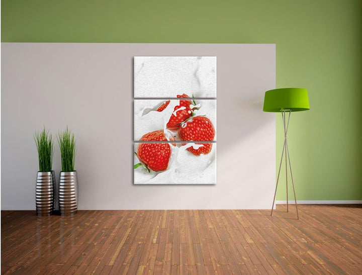Pixxprint leckere Erdbeeren Schwimmen in Milch als Leinwandbild/Grösse: 3 Teilig (120x80) cm/Wandbil