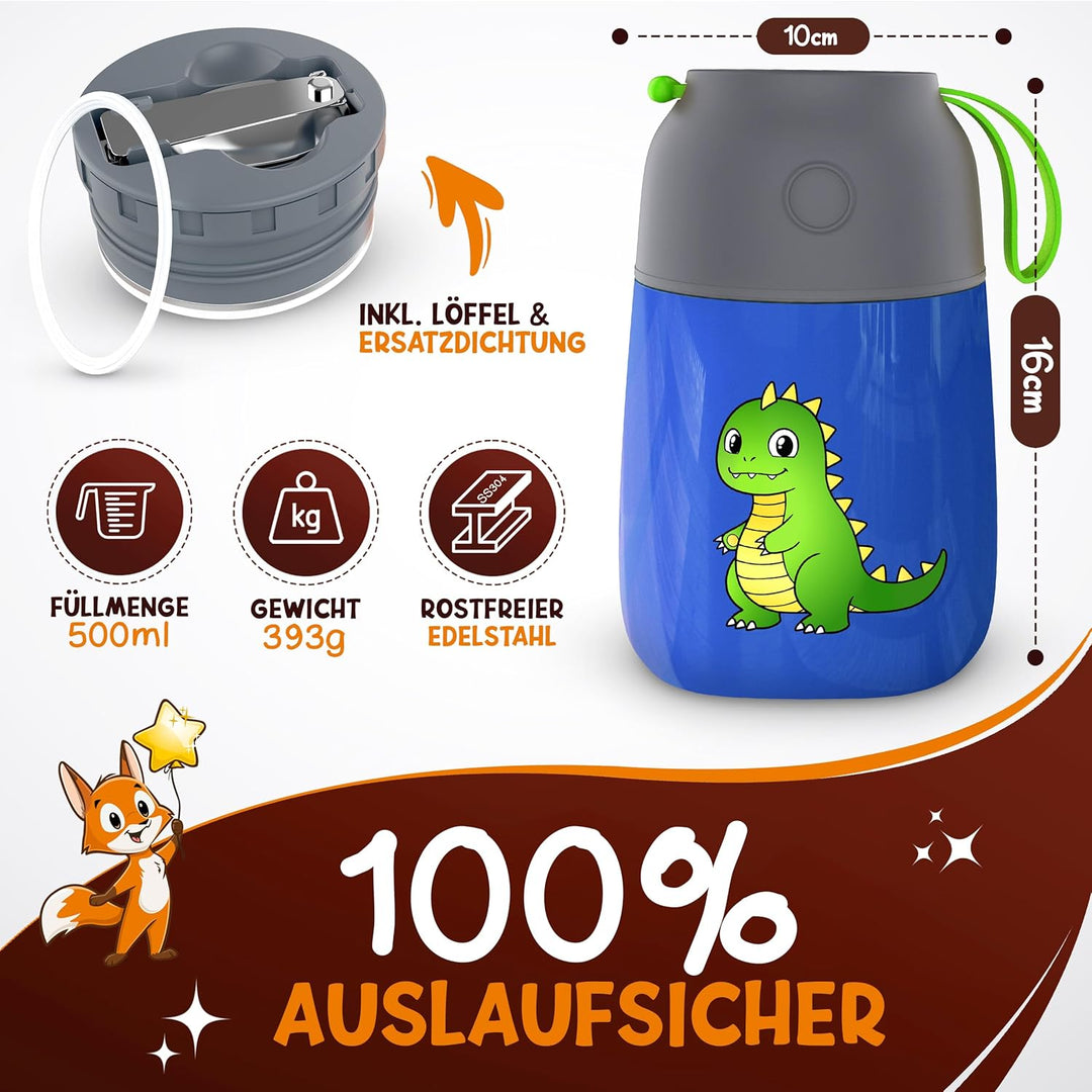 Thermobehälter für Essen Kinder – 500ml, Blau Dino – 100% auslaufsicher - Warmhaltebehälter Essen Ed