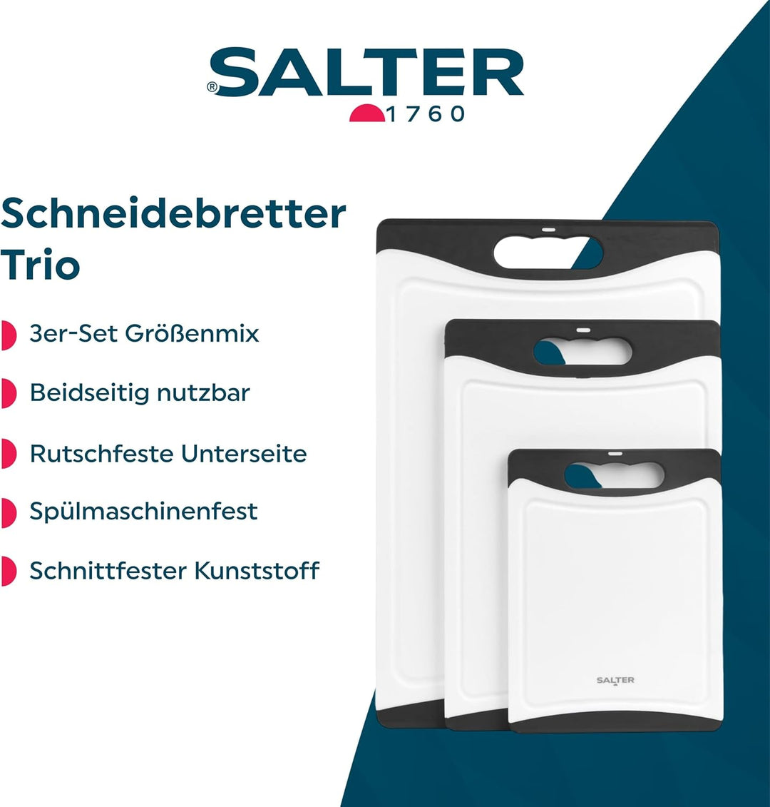 Salter Schneidebrett-Set, Kunststoff, 3er-Set, Schwarz/Weiss | Beidseitig nutzbar, rutschfester Grif