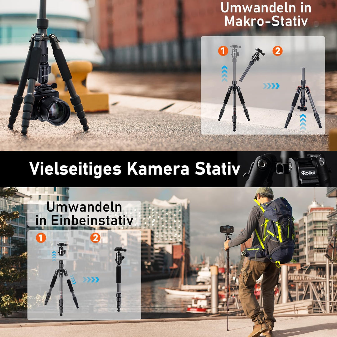 Rollei Compact Compact Traveler No I Carbon I Schwarz I Leichtes-Reisestativ I Foto-Stativ mit gerin