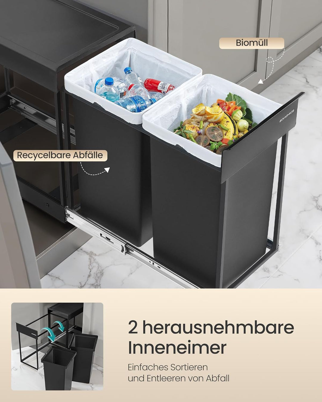 SONGMICS Mülleimer küche, Mülltrennsystem für Unterschrank, 2 x 15 L, Abfalleimer 2 Fächer, ausziehb