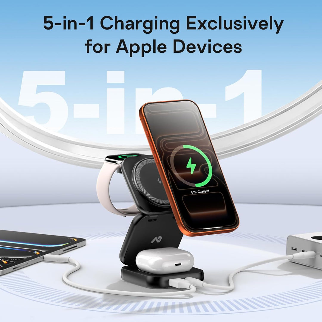 AC Island 5 in 1 iPhone Ladestation kompatibel mit Mag-Safe Ladegerät, Qi2 Faltbar Reisen Wireless C