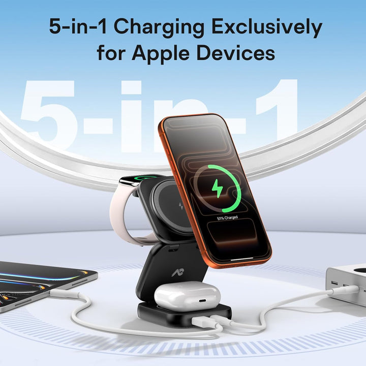 AC Island 5 in 1 iPhone Ladestation kompatibel mit Mag-Safe Ladegerät, Qi2 Faltbar Reisen Wireless C