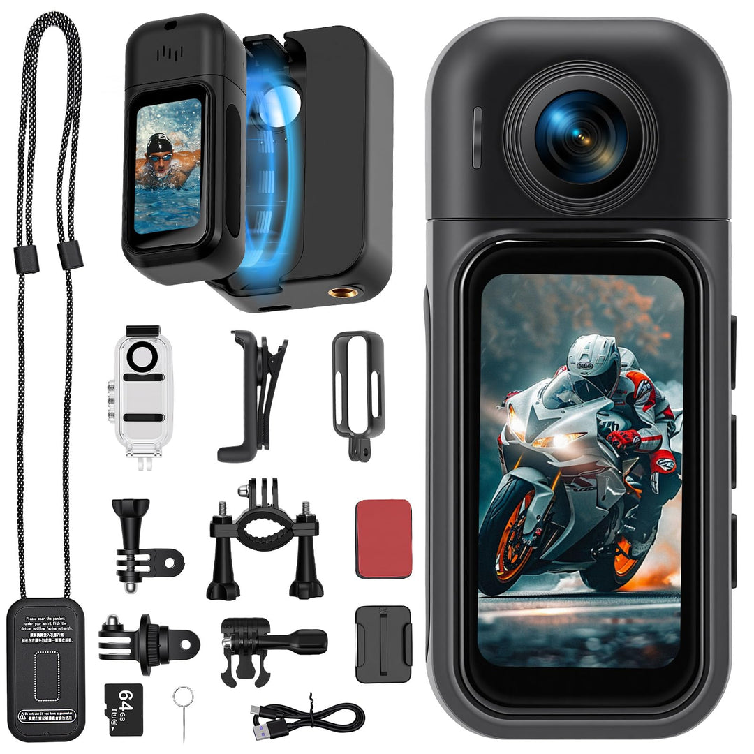 360° Action Cam mit Touchscreen & 8-Stunden-Akku, Wasserdicht bis 30M mit Gehäuse, 120° Weitwinkel P