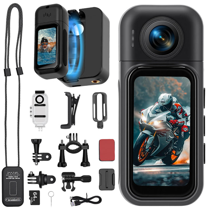 360° Action Cam mit Touchscreen & 8-Stunden-Akku, Wasserdicht bis 30M mit Gehäuse, 120° Weitwinkel P