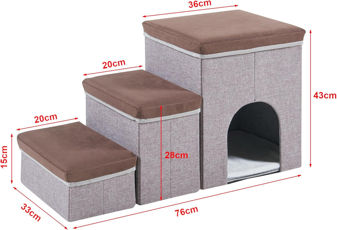[en.casa] Hundetreppe Vojens Hunderampe mit Höhle für kleine Hunde 3-stufig Haustierleiter für Bett