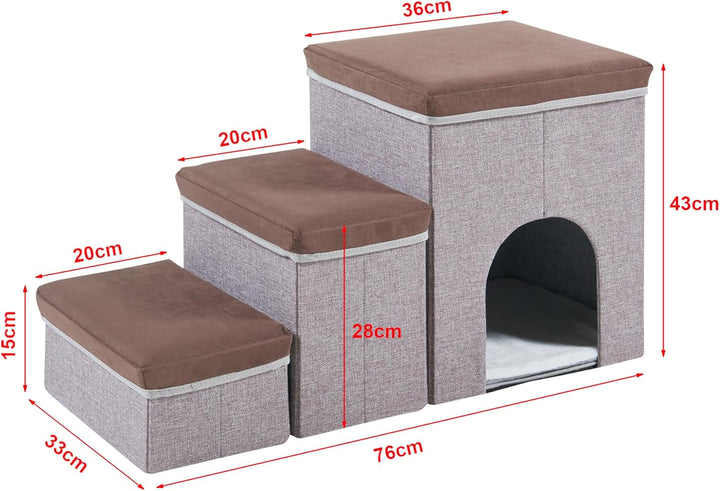 [en.casa] Hundetreppe Vojens Hunderampe mit Höhle für kleine Hunde 3-stufig Haustierleiter für Bett