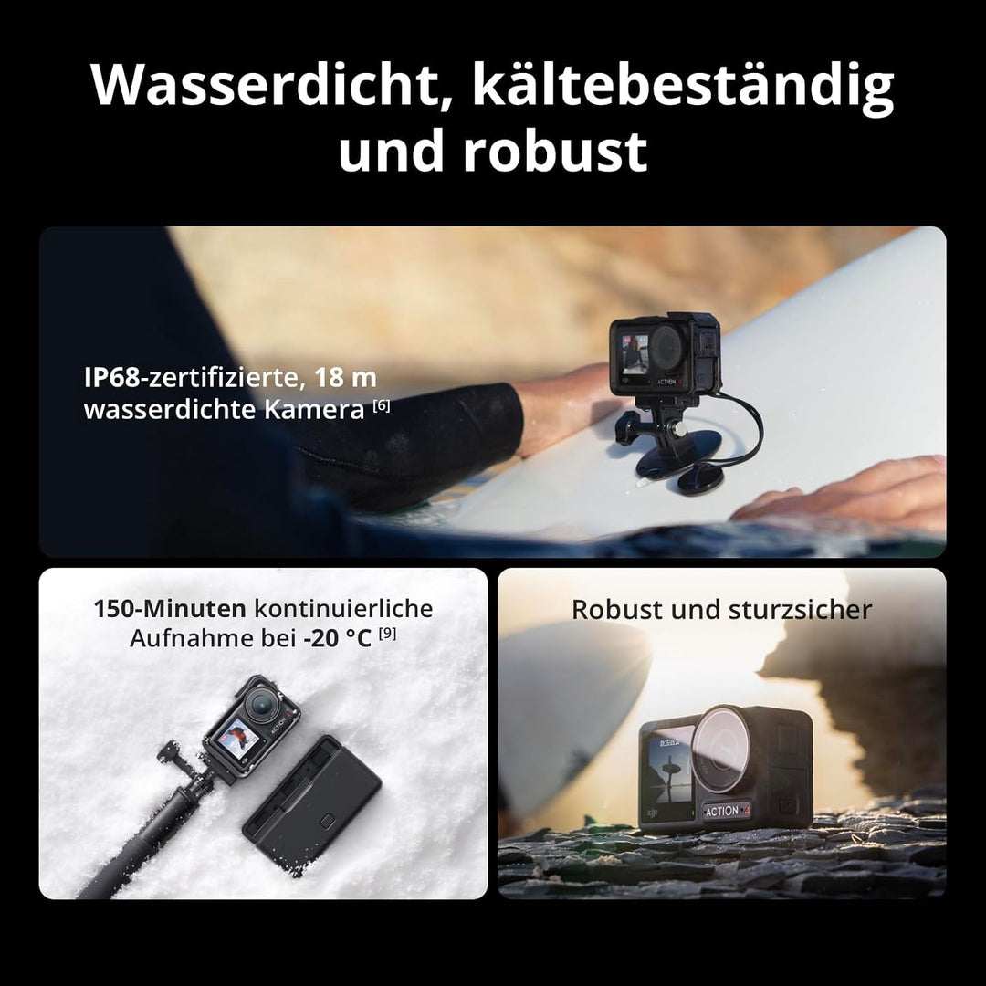 DJI Osmo Action 4 Essential-Combo, 4K/120fps Action Cam mit 1/1,3-Zoll-Sensor, Unterwasserkamera, At
