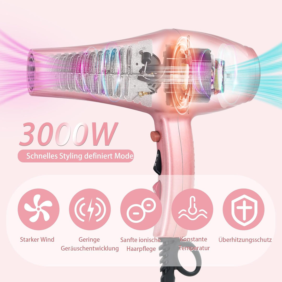 Jooayou Profi Fön Ionen Haartrockner 3000W Föhn mit Diffusor (3 Hitze-und 2 Geschwindigkeiten + Kühl