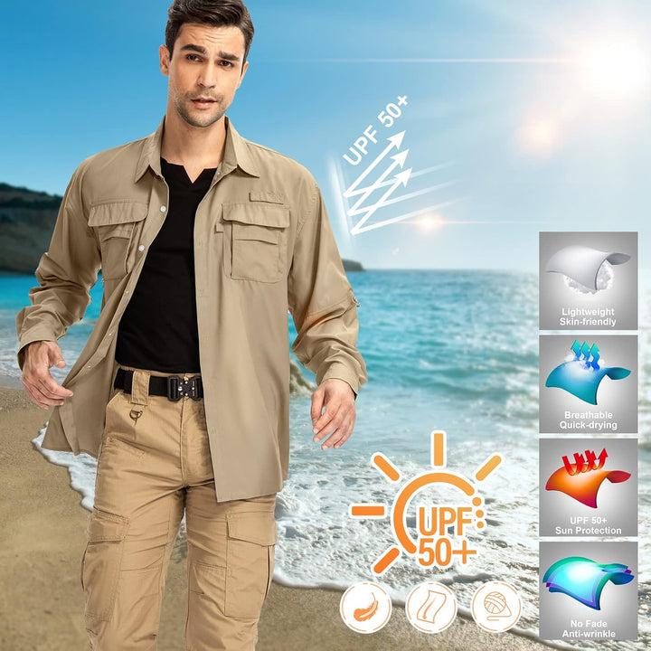 yeyity Outdoor Hemd Herren Langarm Safari Hemd UPF50 UV Schutz Funktionshemd Atmungsaktiv Button Dow