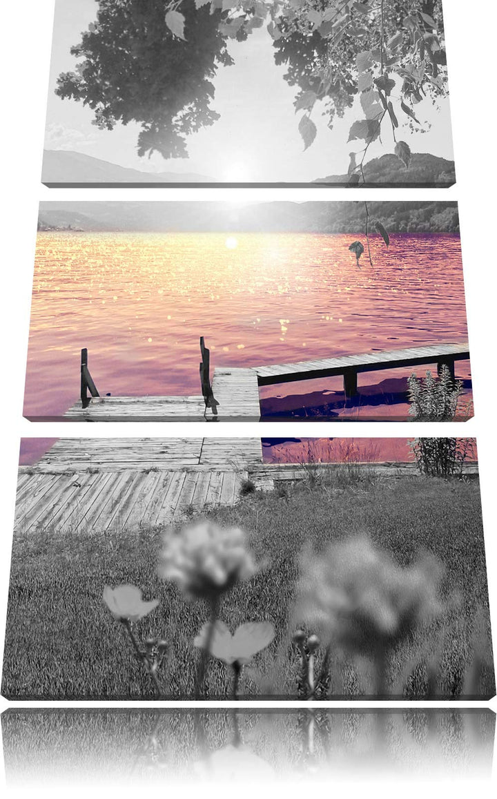 kleiner Steg am See bei Sonnenaufgang schwarz/weiss 3-Teiler Leinwandbild 120x80 Bild auf Leinwand,