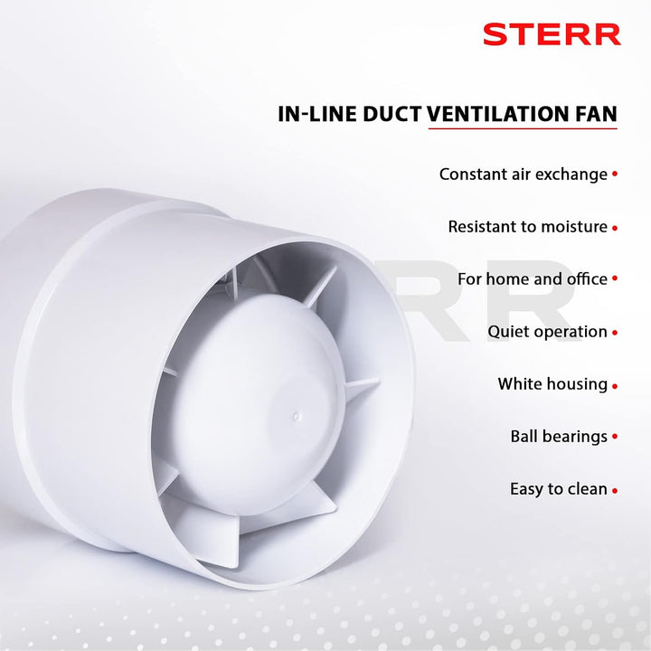 STERR IDM100 Rohrventilator 100 mm - Rohrlüfter - Hohe Qualität - Leise - Für Bad WC - Küche - Gewäc