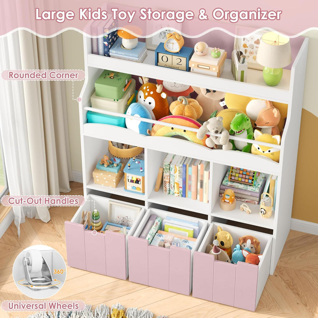 HOCSOK 110cm Kinderregal mit Boxen auf Rollen, Kinderbücherregal mit 4 Ablagefächern, Spielzeugregal
