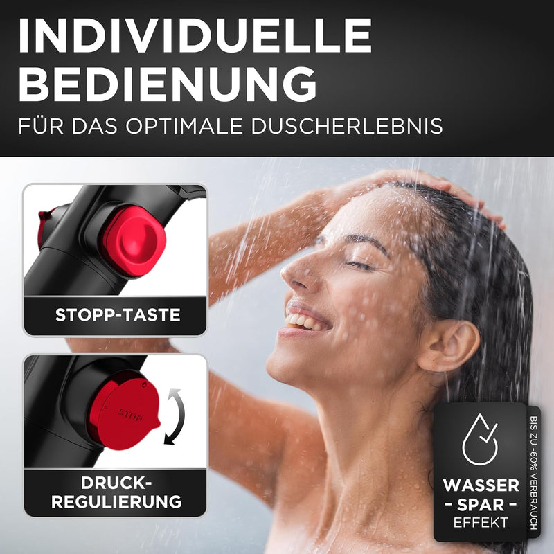 LOBENSWERK Duschkopf Schwarz Matt [3 Funktionen] mit natürlichen Mineralperlen für reines Wasser & H