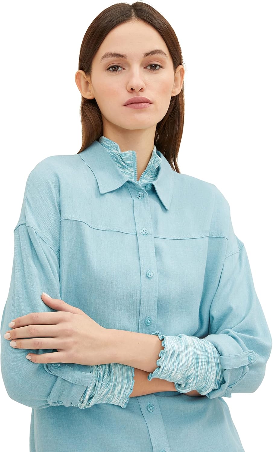 TOM TAILOR Denim Damen Bluse mit Turn-Up Ärmel L 30564 - Reef Blue Melange, L 30564 - Reef Blue Mela