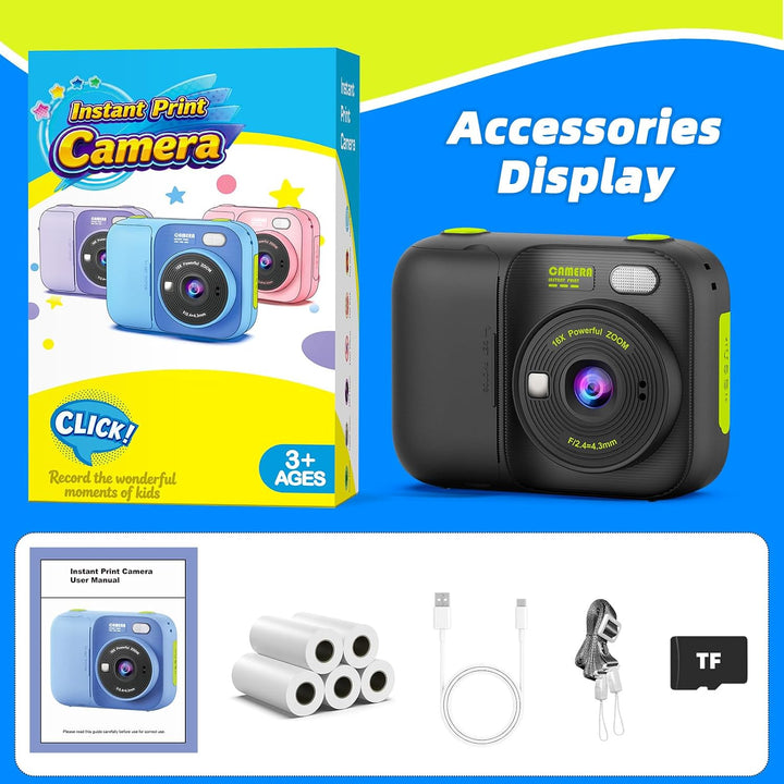 Kinder Sofortbildkamera, Digitalkamera mit Druck | 2,4 Zoll Display, 1080P HD Video, TF Karte &amp; 5 Ro