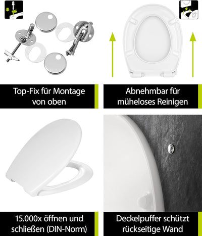 'aquaSu® Toilettendeckel mit WC-Stein | WC-Sitz Absenkautomatik | Antirutsch-Set | Belastbar bis 300