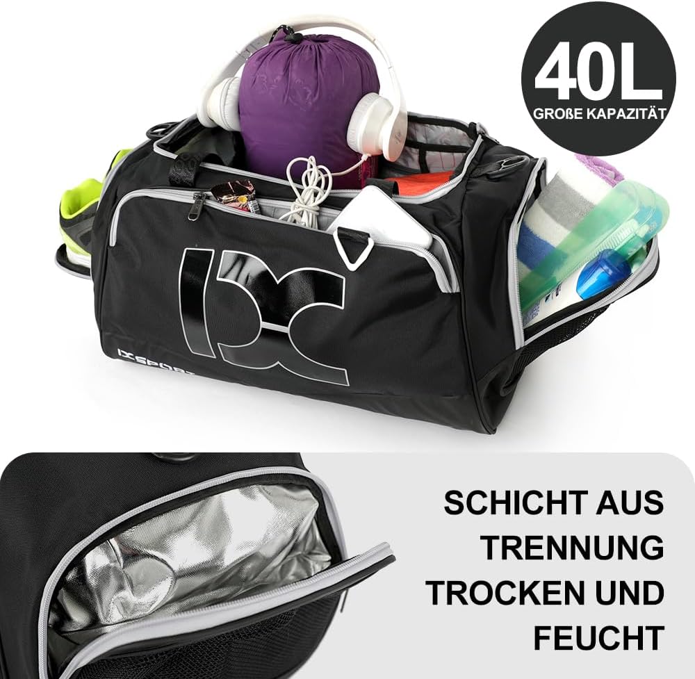 INOXTO Grosse Sporttasche, Faltbare Sport-Reisetasche mit Nass- und Trockentaschen und Schuhfach, He