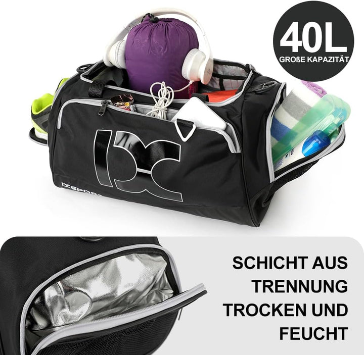 INOXTO Grosse Sporttasche, Faltbare Sport-Reisetasche mit Nass- und Trockentaschen und Schuhfach, He