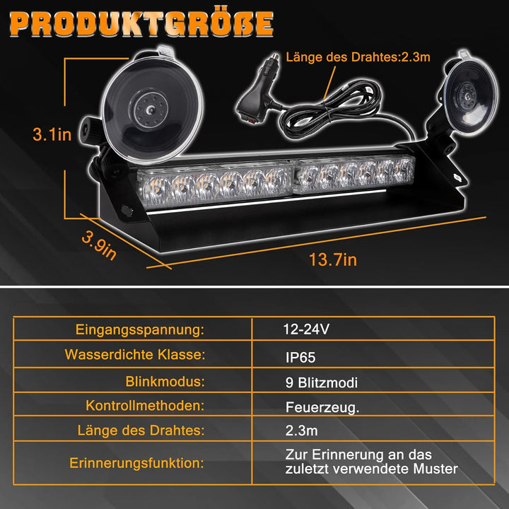 ROUTEKING Warnleuchte 12LED Frontblitzer - 9 Blinkende Stroboskop-Modi Blitzleuchte, IP66 Waterproof
