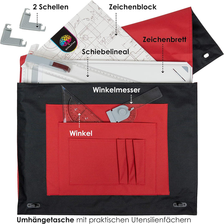 OfficeTree Zeichenplatte A3 - Inkl. Tragetasche, Schiebelineal, Geodreieck uvm. - Zeichenbrett A3 fü