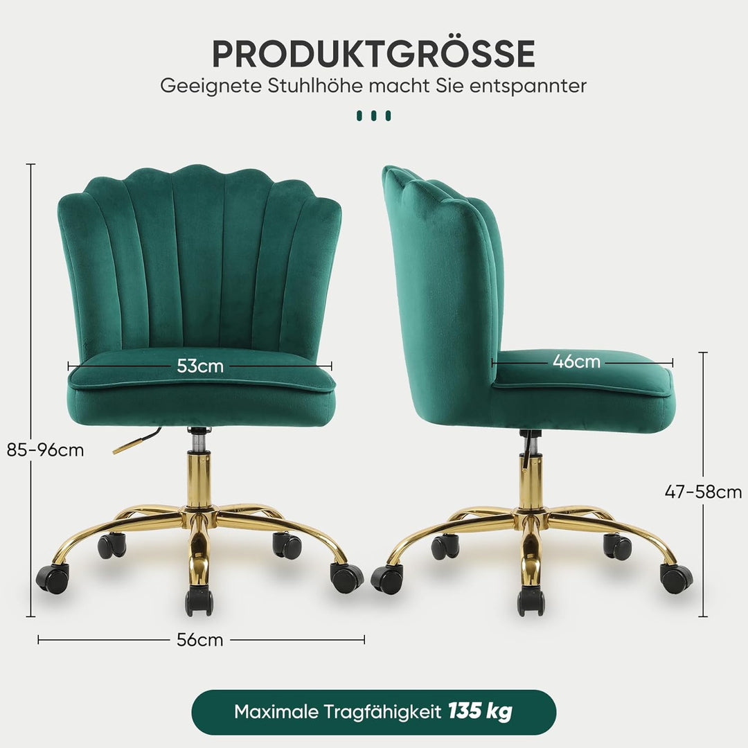 Bürostuhl Samt,Mädchen Schreibtischstuhl,Drehstuhl,Höhenverstellbar Muschel Stuhl,360° Drehbar Rolle