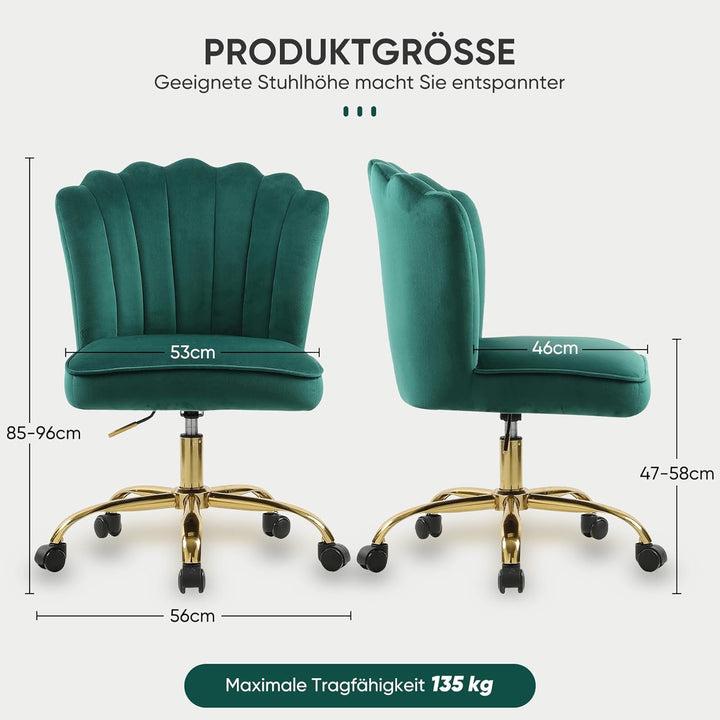 Bürostuhl Samt,Mädchen Schreibtischstuhl,Drehstuhl,Höhenverstellbar Muschel Stuhl,360° Drehbar Rolle