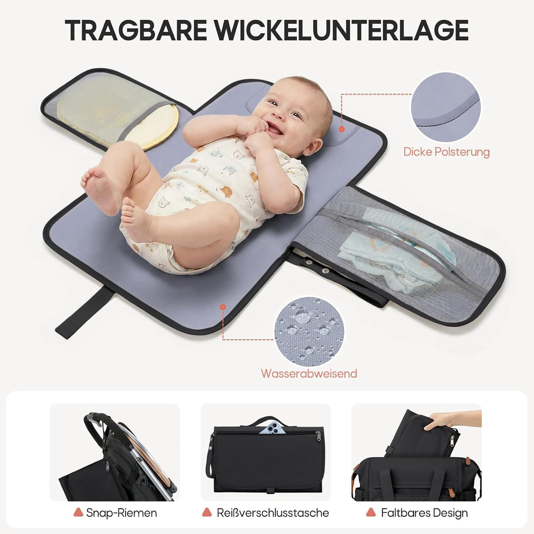 RAINSMORE Wickeltasche Kinderwagen mit Wickelunterlage und Schnullertasche Schwarz, Schwarz