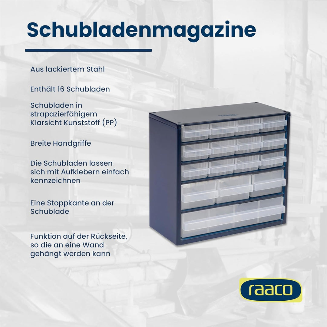 Raaco Kleinteilemagazin C6-16 mit 16 Schubladen, Tragkraft 16.5 kg, 15 x 30.6 x 28.3 cm, geeignet fü
