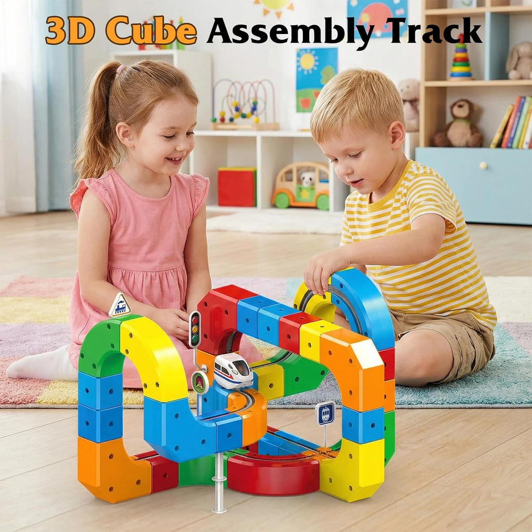 123PCS Electric Train Set, Elektrisches Magisches Schienen-WüRfelzug-Set,Cube Track Block mit Schwer