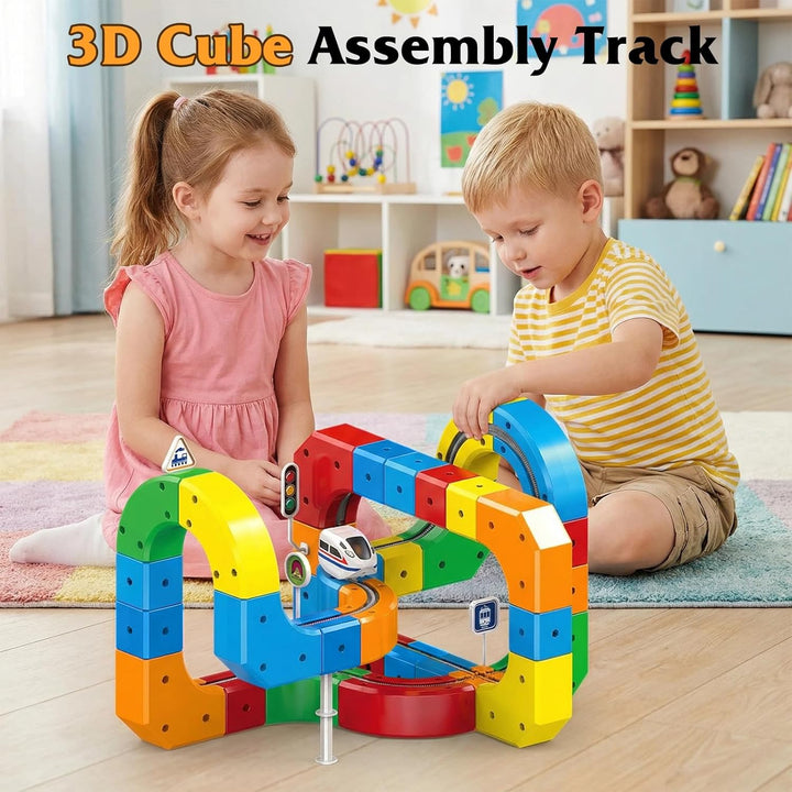 123PCS Elektrisches Zugset,Elektrisches Magisches Schienen WüRfelzug Set,Cube Track Block mit Schwer