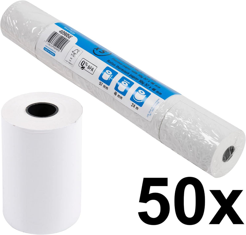 Exacompta 40905E 50er Pack Thermopapierrollen 1-lagig, Breite: 57mm, Länge 24m, Durchmesser Kern: 12