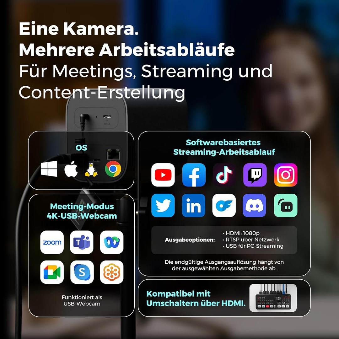 NearStream 4K-Webcam für Streaming, 1/2,8 Zoll CMOS-Sensor mit 8 Megapixeln, 40-facher Hybrid-Zoom,