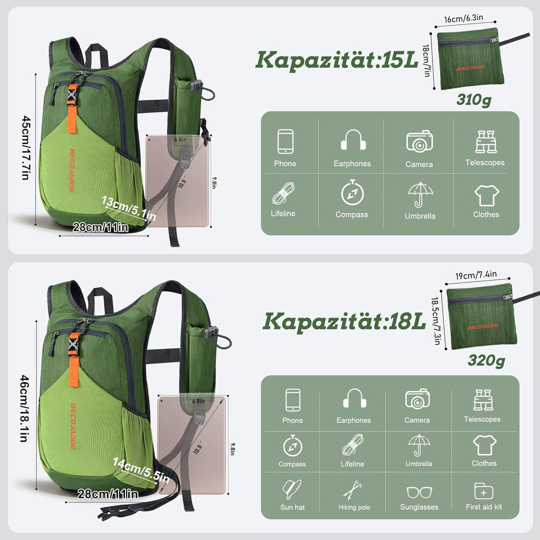 BECOJADDE 15L Wanderrucksack Herren Kleiner Rucksack Damen Leichter Daypack Tagesrucksack Faltbarer