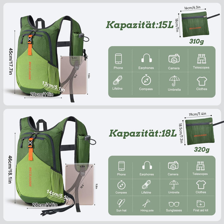 BECOJADDE 15L Wanderrucksack Herren Kleiner Rucksack Damen Leichter Daypack Tagesrucksack Faltbarer