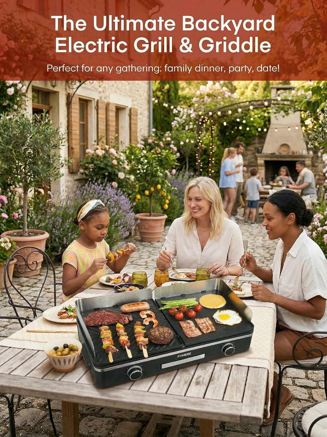 FOHERE Elektrogrill Tischgrill mit 2 Getrennt Regelbaren Grillplatten (Glatt & Gerillt), Extra gross