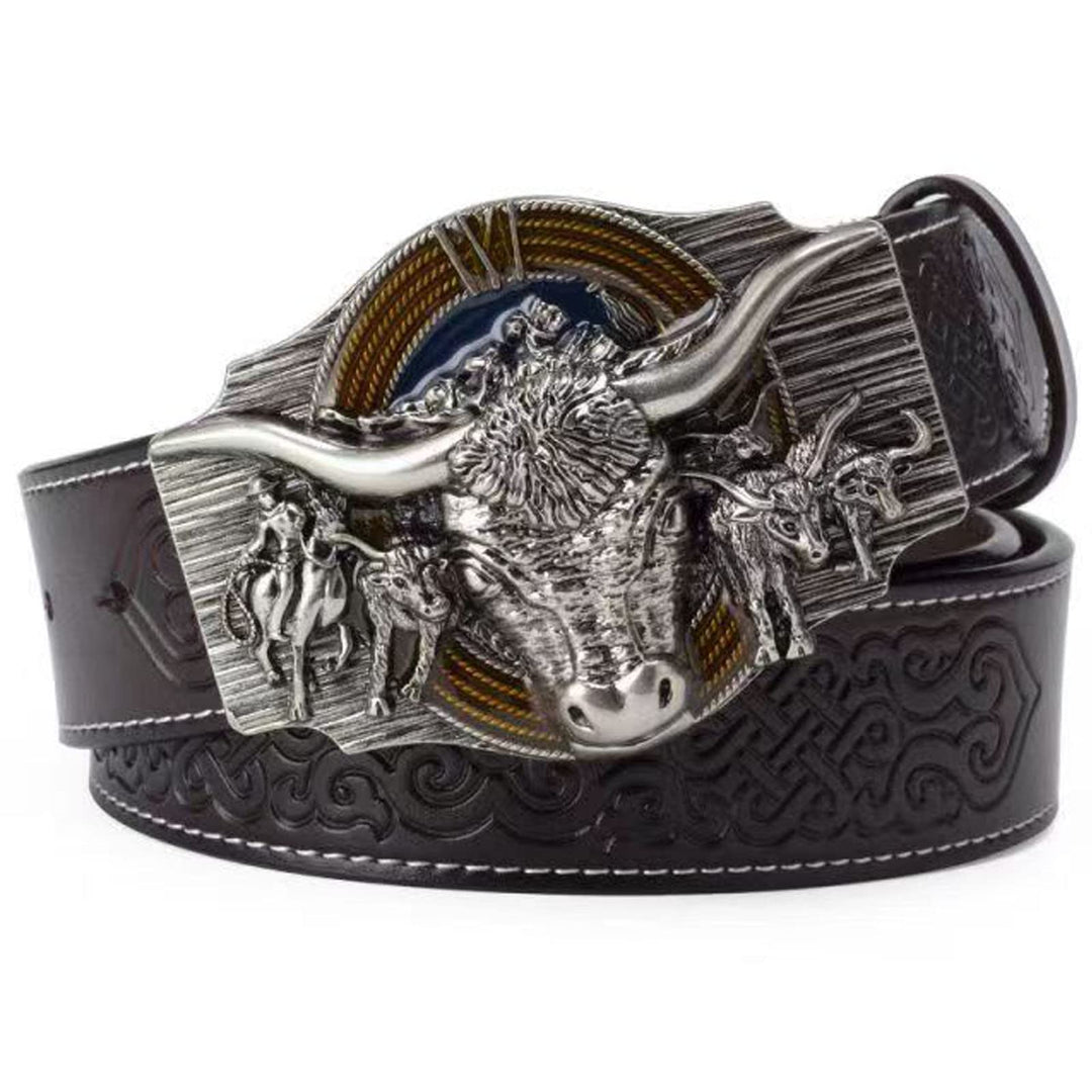 WRJAHCG Gürtel Western für Cowboy, Vintage Long Horn Bull Rodeo Western Cowboy Gürtel,Silver coffee,