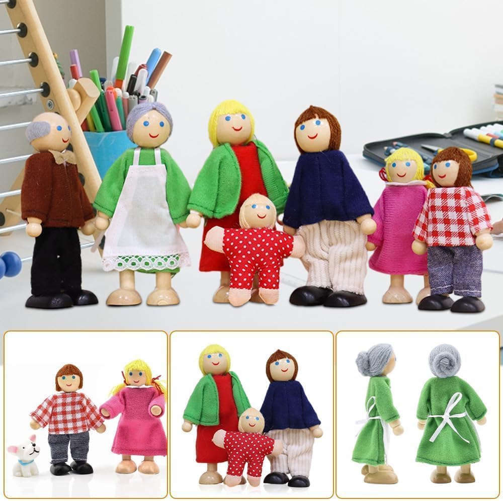 Hölzerne Puppenhaus Puppen Familie Set mit Katze und Hund, 9 Stück Verstellbare Familienpuppen Figur
