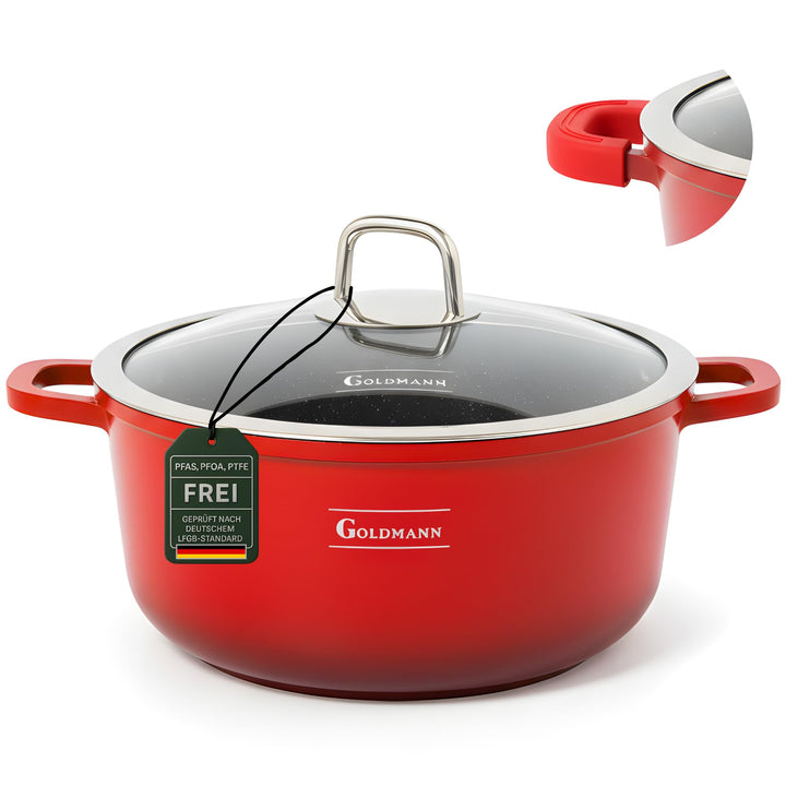 GOLDMANN Premium Gussaluminium Kochtopf 24 CM – 4.5 L – Modern Rot – Keramik-Marmor-Antihaft-Kassero