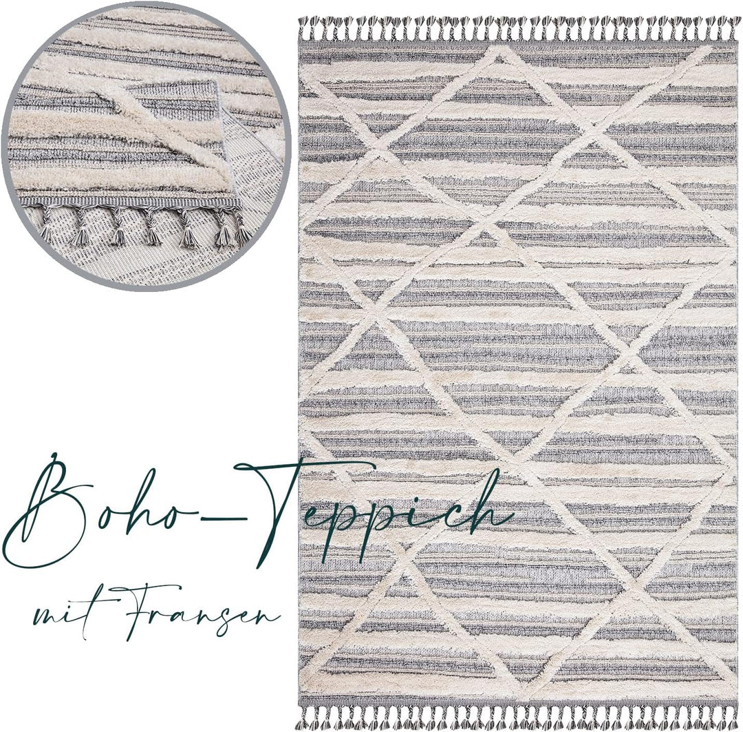 payé Teppich Wohnzimmer - 140x200cm - Creme Grau Blau - Raute Meliert - Hochtief Effekt - Fransen De