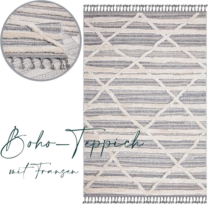 payé Teppich Wohnzimmer - 120x170cm - Creme Grau Blau - Raute Meliert - Hochtief Effekt - Fransen De