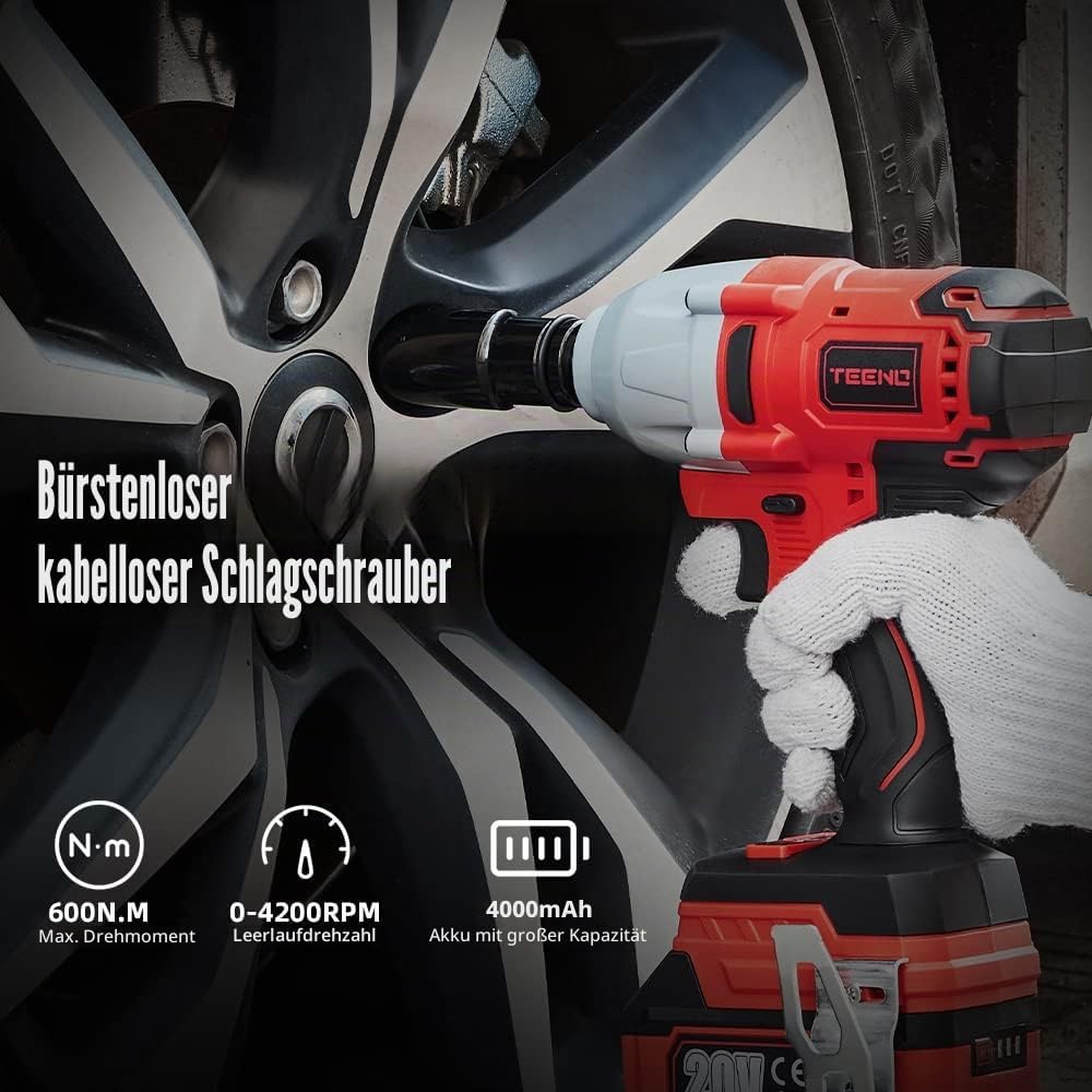 TEENO Bürstenloser Akku Schlagschrauber 1/2 Zoll 20 V,Lithium-Ionen Akkus 4,0 Ah, 4 Steckschlüsselei