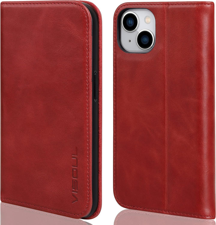 VISOUL Hülle für iPhone 14, Schutzhülle [Erstklassiges Rindsleder] [Schützt vor Stoss] [Kartenfach]