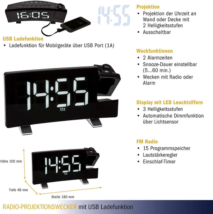 TFA Dostmann Wecker mit Projektion, 60.5015.02, inkl USB Ladefunktion, FM Radio, mit 2 Weckalarmen,