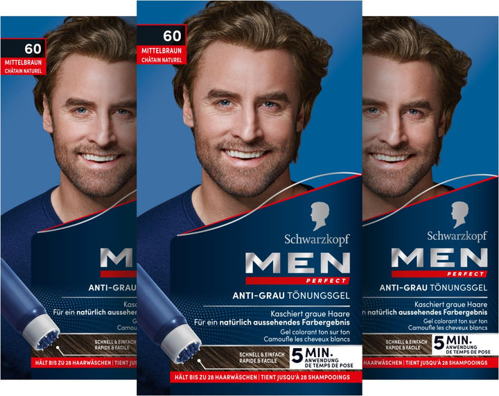 Schwarzkopf Men Perfect Anti-Grau Tönungs-Gel 60 Mittelbraun (3x 80 ml), Haarfarbe für Männer blende